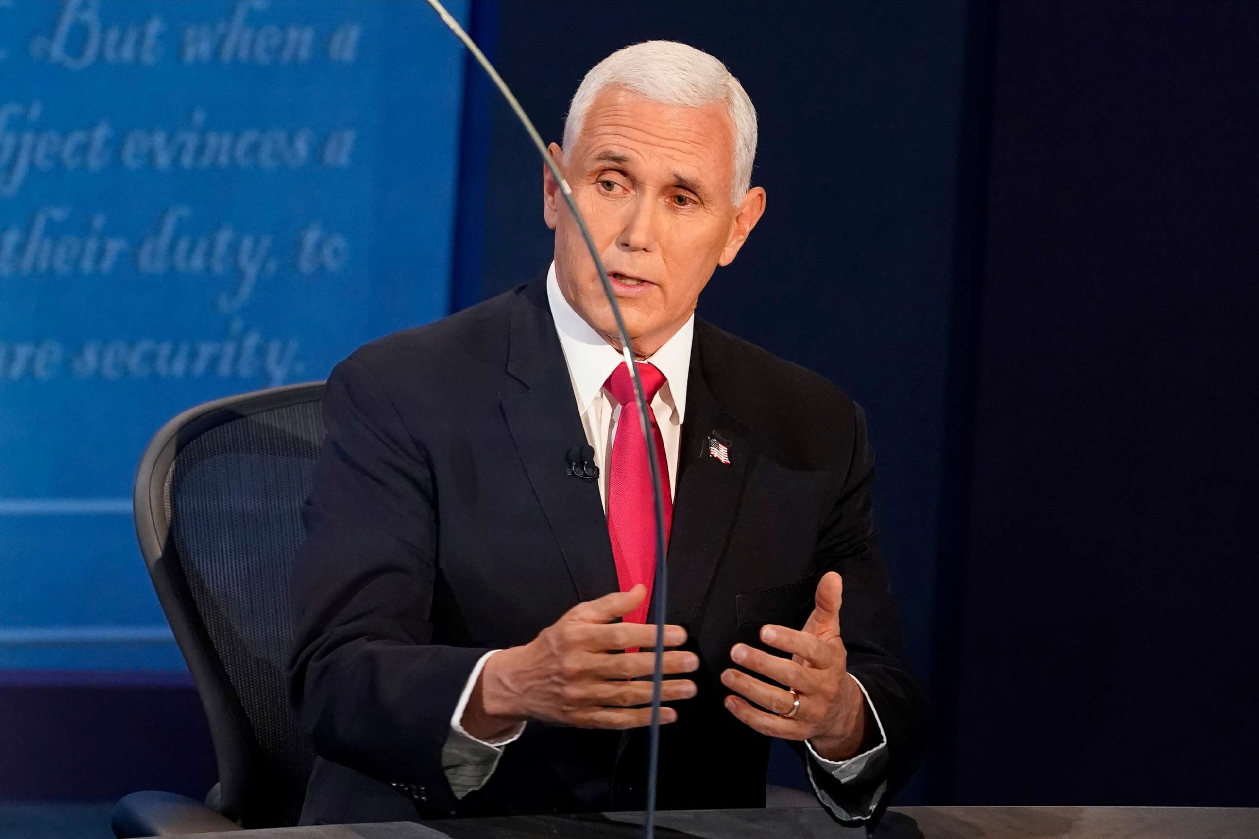 PHOTO: Vice President Mike Pence speaks during the 2020 vice presidential debate with Democratic vice presidential nominee and Senator Kamala Harris, on the campus of the University of Utah in Salt Lake City, Oct. 7, 2020.