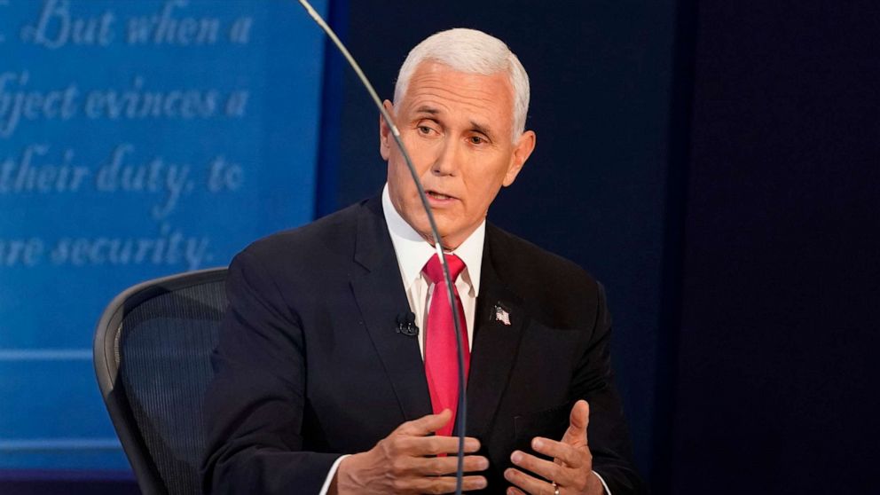 PHOTO: Vice President Mike Pence speaks during the 2020 vice presidential debate with Democratic vice presidential nominee and Senator Kamala Harris, on the campus of the University of Utah in Salt Lake City, Oct. 7, 2020.
