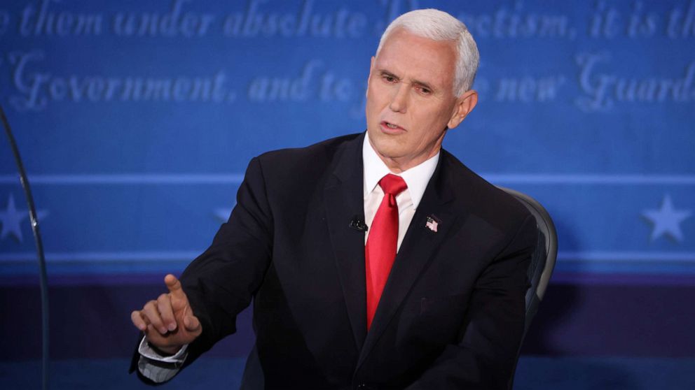 PHOTO: Vice President Mike Pence speaks during the 2020 vice presidential campaign debate held on the campus of the University of Utah in Salt Lake City, Oct. 7, 2020.