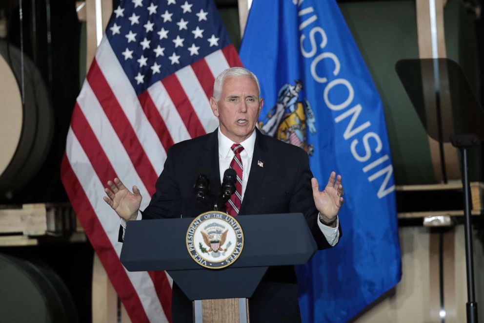 PHOTO: Vice President Mike Pence speaks to workers at Tankcraft Corporation on Aug. 19, 2020, in Darien, Wis. The visit comes a day after President Donald Trump's son Eric visited the state and two days after the president visited the state.