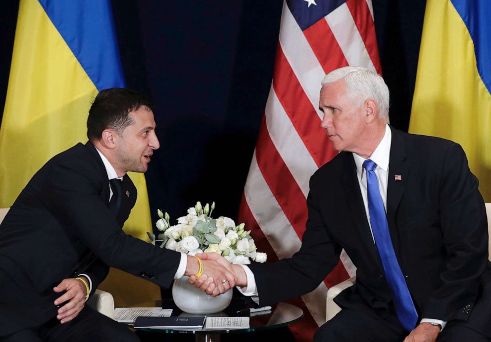 PHOTO: Ukraine's President Volodymyr Zelenskiy, left, shakes hands with Vice President Mike Pence, in Warsaw, Poland, Sept. 1, 2019.