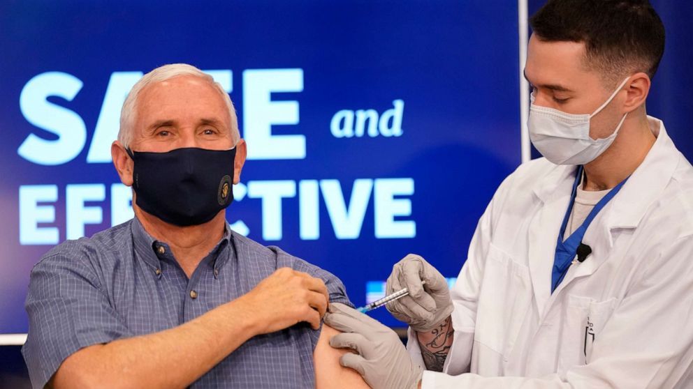 PHOTO: Vice President Mike Pence receives a Pfizer-BioNTech COVID-19 vaccine shot at the Eisenhower Executive Office Building on the White House complex, Dec. 18, 2020.