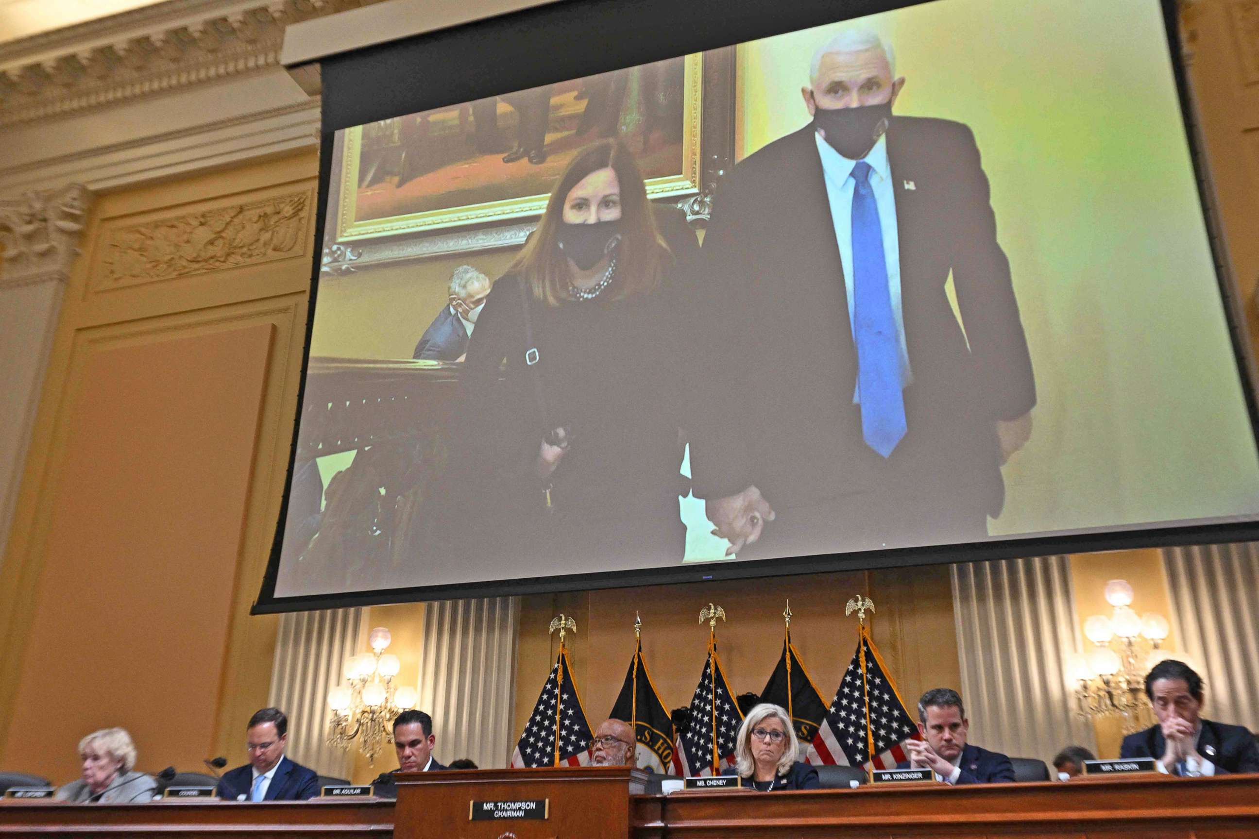 PHOTO: An image of former Vice President Mike Pence and Karen Pence re-entering the US Capitol after evacuating from the Senate on Jan. 6, 2021, is displayed at the hearing investigating the Jan. 6 Attack on the Capitol, in Washington, June 16, 2022.