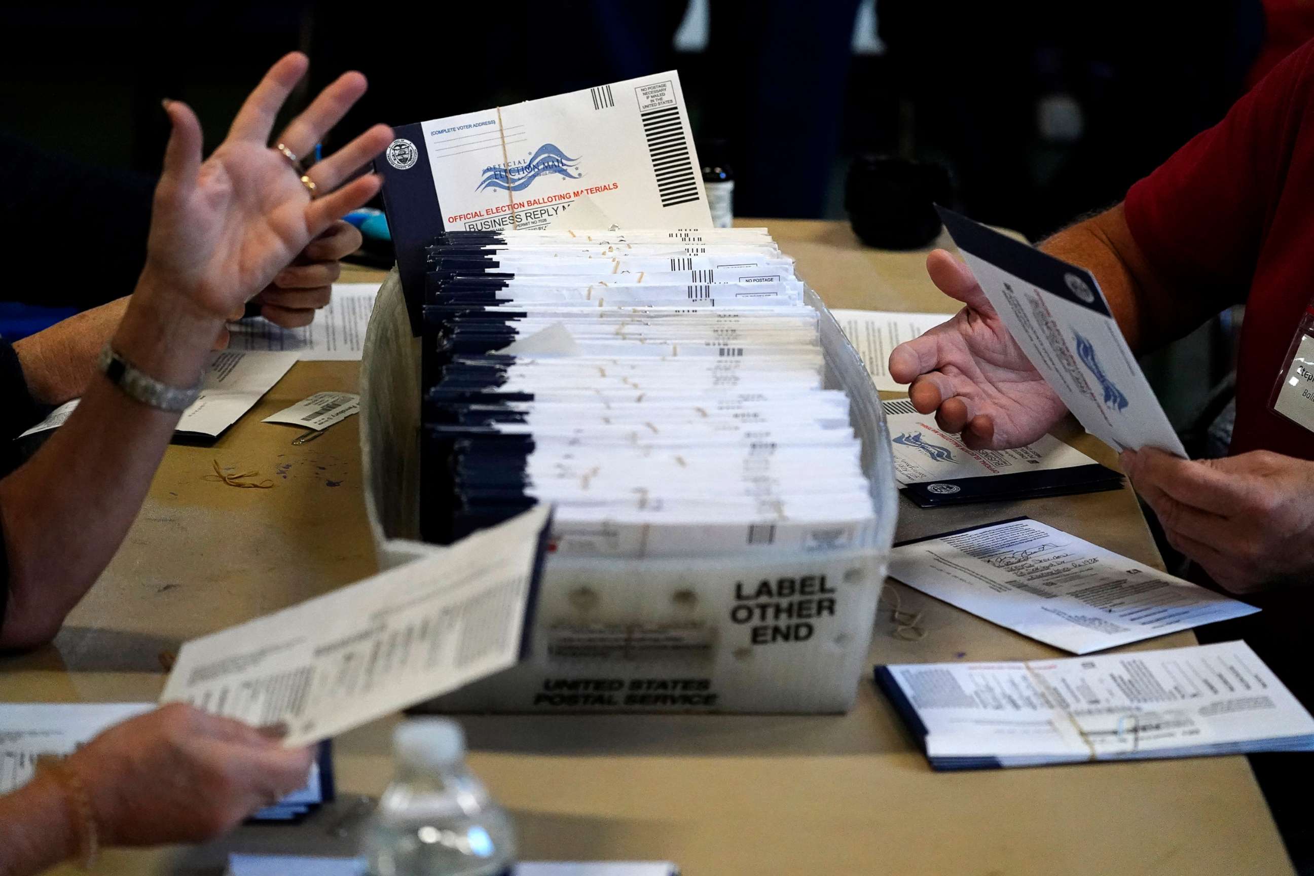 PHOTO: In this Nov. 4, 2020, file photo, Chester County election workers process mail-in and absentee ballots for the 2020 general election at West Chester University in West Chester, Pa.