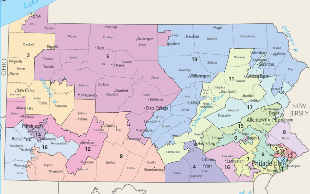 PHOTO: A map from the National Atlas shows Pennsylvanias congressional districts for the 113th Congress.