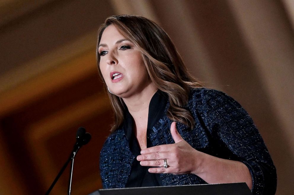 PHOTO: Republican National Committee Chair Ronna McDaniel speaks during the first day of the Republican convention in Washington, Aug. 24, 2020.