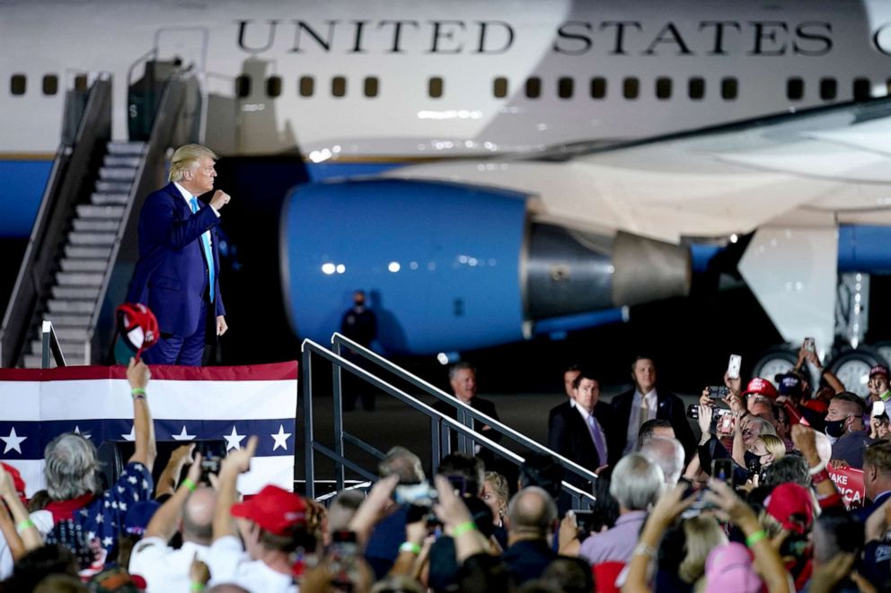 PHOTO: President Donald Trump cheers with a crowd at a campaign event at the Arnold Palmer Regional Airport in Latrobe, Pa., Sept. 3, 2020.