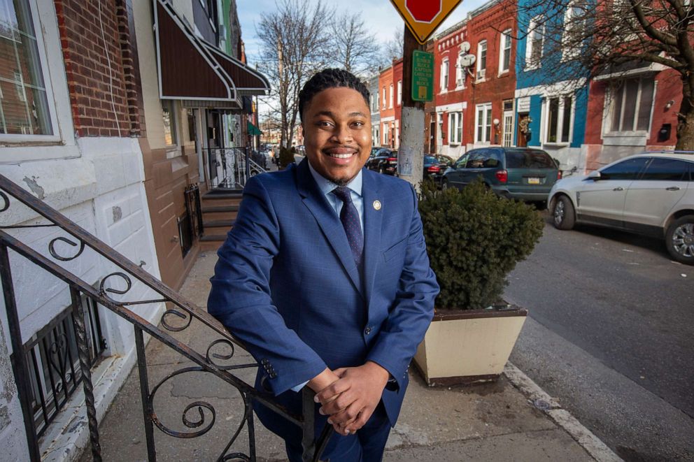 PHOTO: State Rep. Malcolm Kenyatta posses on his childhood home block of Woodstock Street in North Philadelphia, Feb. 18, 2021.