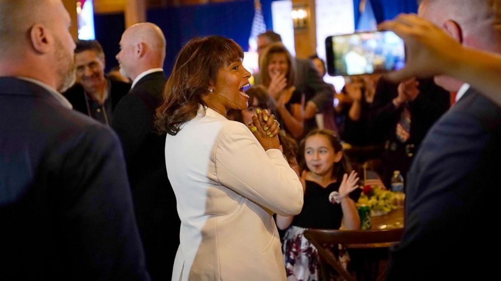 PHOTO: Kathy Barnette, a Republican candidate for U.S. Senate in Pennsylvania, center, takes part in a primary night election gathering in Elizabethtown, Pa., May 17, 2022.