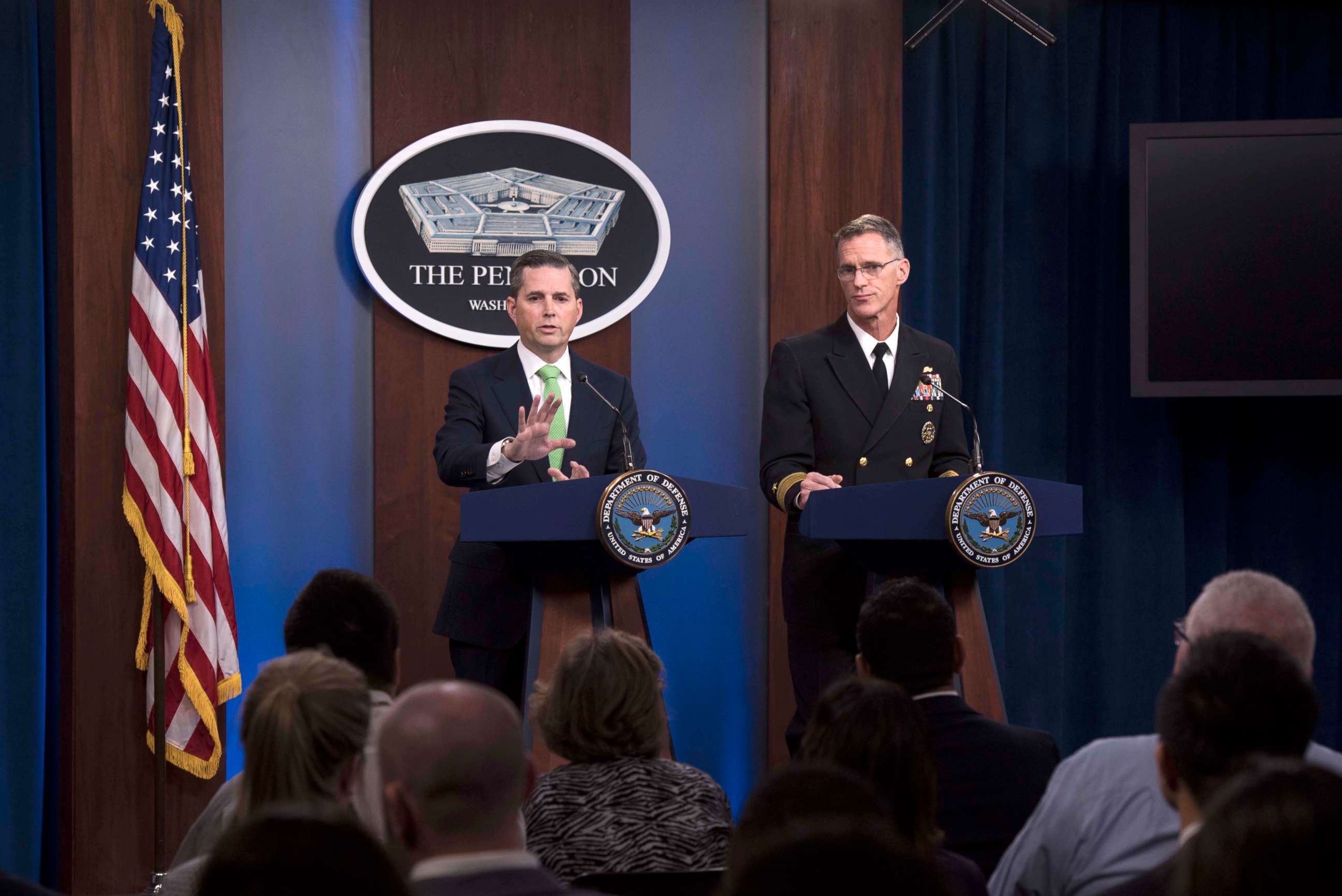 PHOTO: Assistant to the Secretary of Defense for Public Affairs Jonathan Rath Hoffman and Navy Rear Adm. William D. Byrne Jr., Joint Staff vice director, respond to questions at a news conference at the Pentagon, Washington, D.C., Nov. 7, 2019.