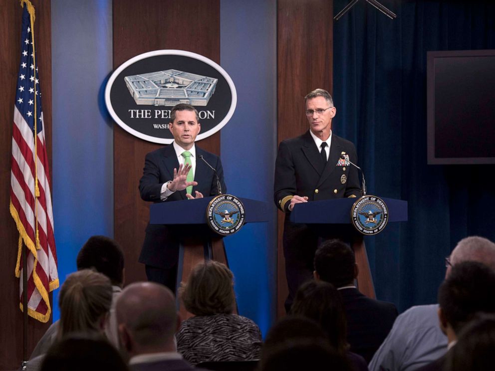 PHOTO: Assistant to the Secretary of Defense for Public Affairs Jonathan Rath Hoffman and Navy Rear Adm. William D. Byrne Jr., Joint Staff vice director, respond to questions at a news conference at the Pentagon, Washington, D.C., Nov. 7, 2019.