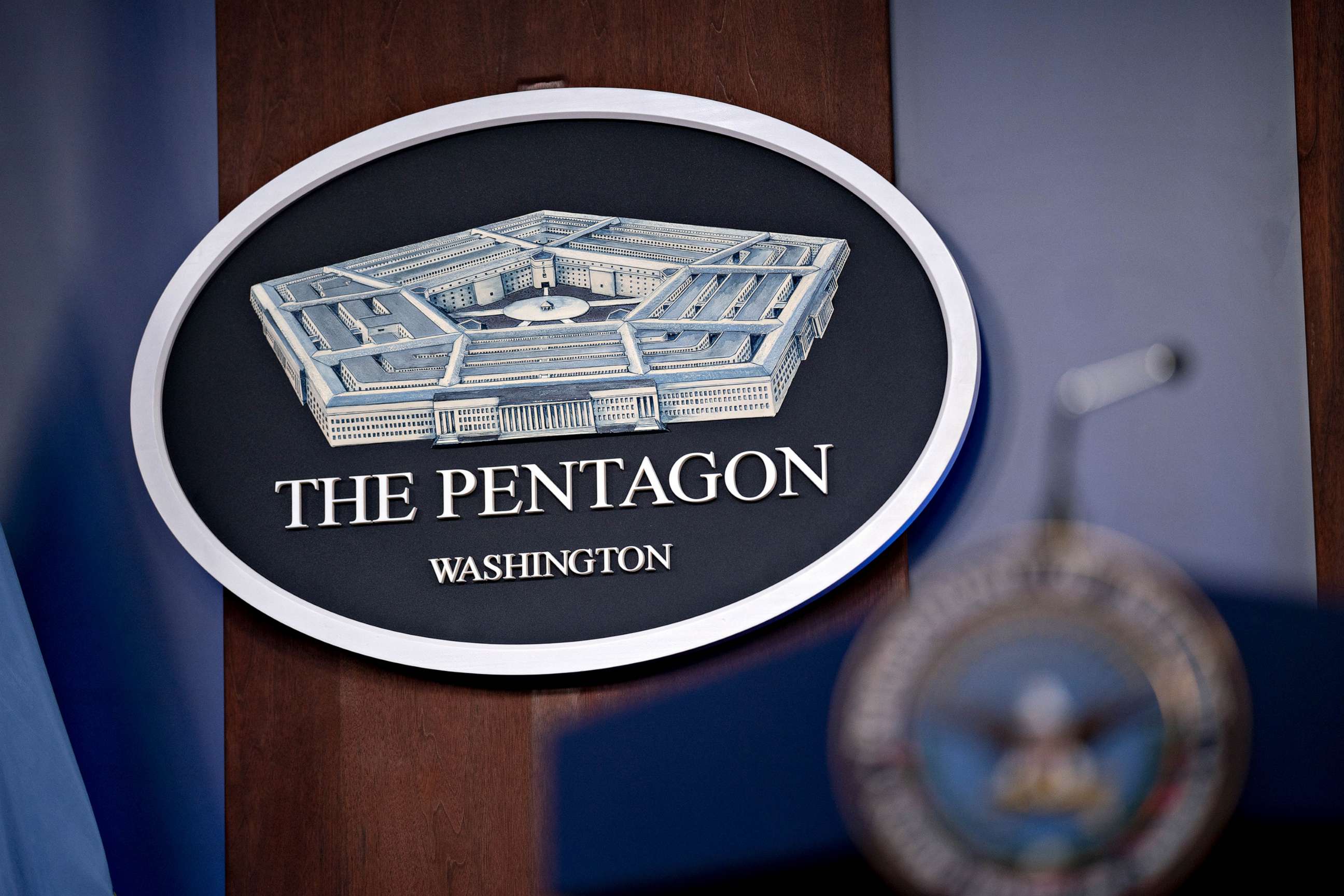 PHOTO: In this Sept. 1, 2021, file photo, the Pentagon seal is shown in the Pentagon Briefing Room in Arlington, Va.