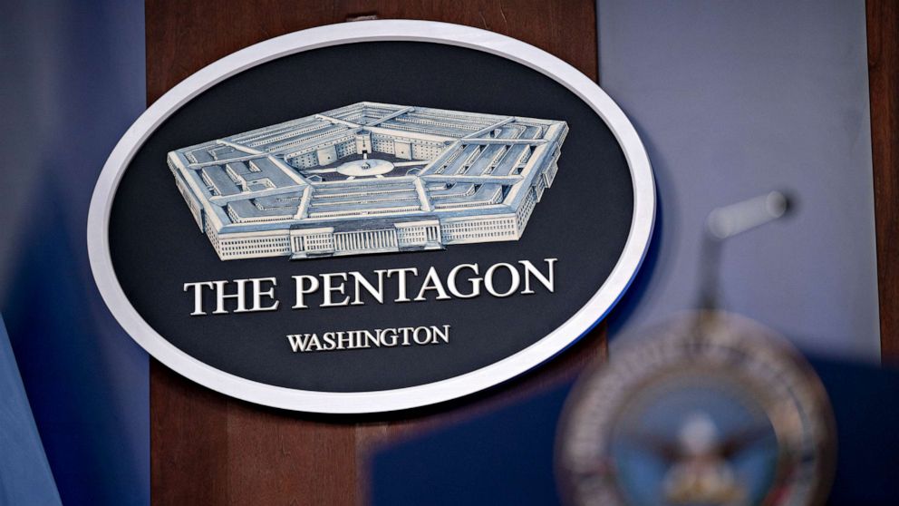 PHOTO: In this Sept. 1, 2021, file photo, the Pentagon seal is shown in the Pentagon Briefing Room in Arlington, Va.