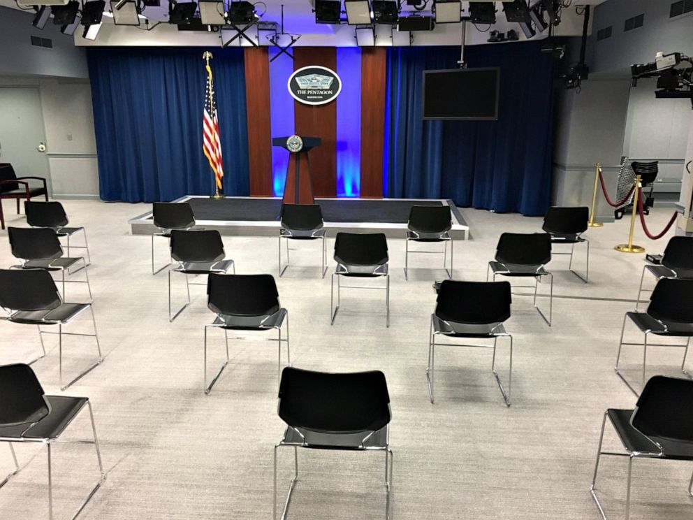 PHOTO: Chairs were placed three feet apart from each other in the Pentagon Briefing Room Tuesday amid coronavirus concerns.
