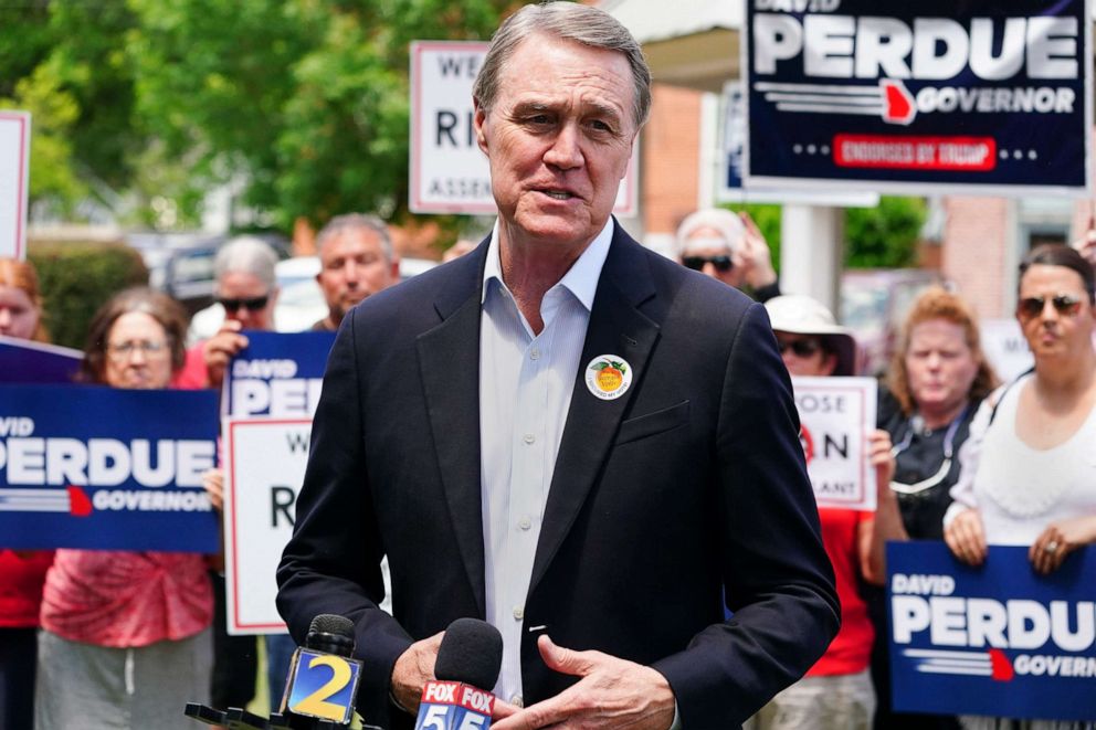 PHOTO: Republican candidate for Georgia governor and former Sen. David Perdue speaks May 3, 2022, in Rutledge, Ga.