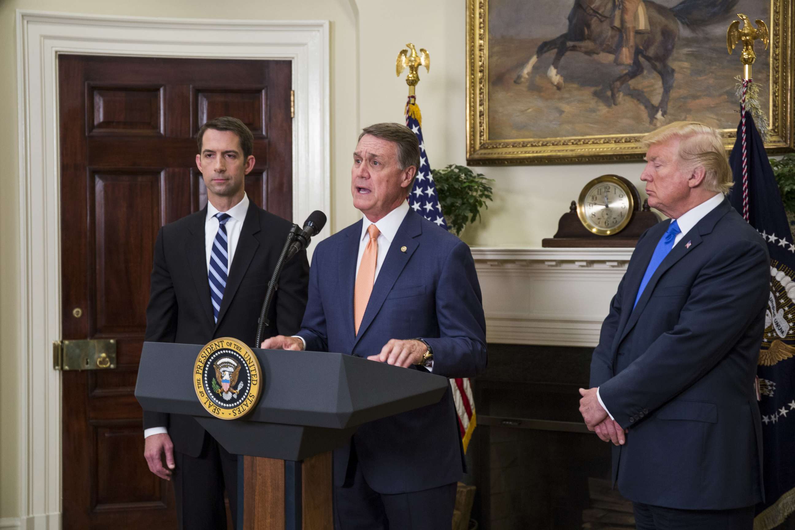 PHOTO: Sen. David Perdue (R-GA) makes an announcement on the introduction of the Reforming American Immigration for a Strong Economy (RAISE) Act in the Roosevelt Room at the White House, Aug. 2, 2017. 
