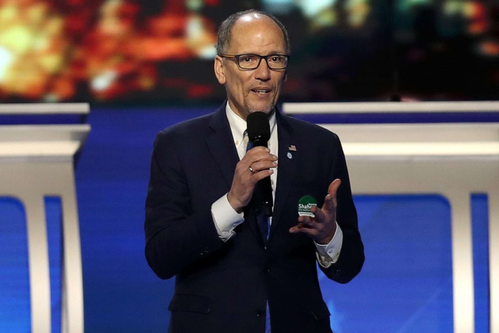 PHOTO: Chair of the Democratic National Committee Tom Perez speaks prior to the Democratic presidential primary debate in the Sullivan Arena at St. Anselm College on Feb. 7, 2020 in Manchester, N.H.