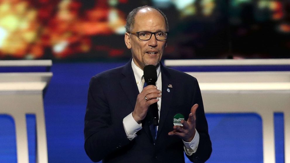 PHOTO: Chair of the Democratic National Committee Tom Perez speaks prior to the Democratic presidential primary debate in the Sullivan Arena at St. Anselm College on February 07, 2020 in Manchester, New Hampshire.