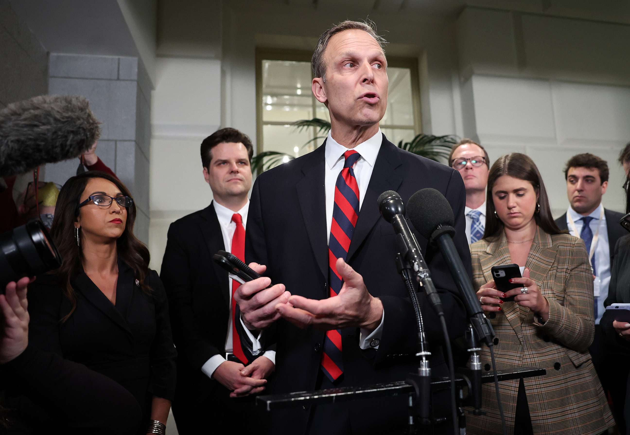 Rep. Scott Perry speaks to reporters following a meeting with House Republicans at the U.S. Capitol on Jan. 03, 2023 in Washington. Perry was joined by Rep. Lauren Boebert and Rep. Matt Gaetz. The House of Representatives will hold votes on a new Speaker.