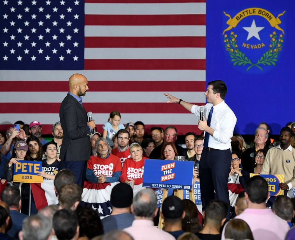 PHOTO: Democratic presidential candidate former South Bend, Indiana Mayor Pete Buttigieg answers a question read by actor Keegan-Michael Key during a rally at Rancho High School, Feb. 16, 2020, in Las Vegas, Nevada.