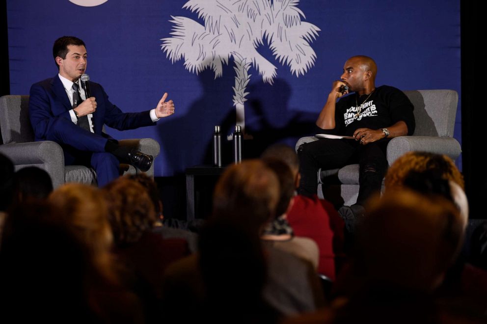 PHOTO: Democratic presidential contender and former South Bend, Indiana, Mayor Pete Buttigieg speaks with Charlamagne Tha God during an event on economic struggles in the black community, Jan. 23, 2020, in Moncks Corner, S.C.