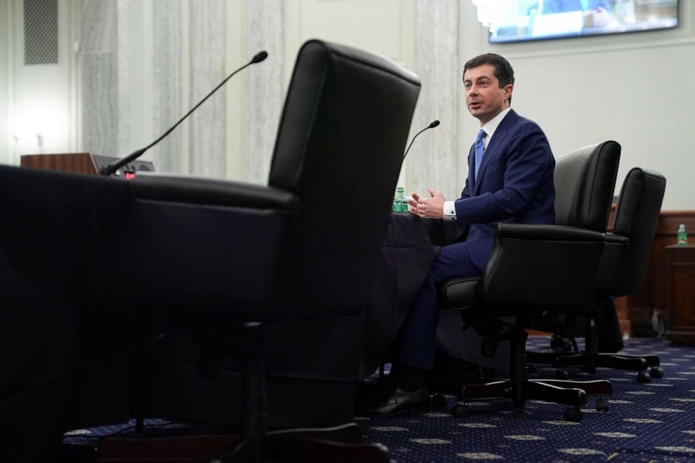 PHOTO: Pete Buttigieg, U.S. secretary of transportation nominee for President Joe Biden, speaks during a Senate Commerce, Science and Transportation Committee confirmation hearing in Washington, D.C., Jan. 21, 2021.