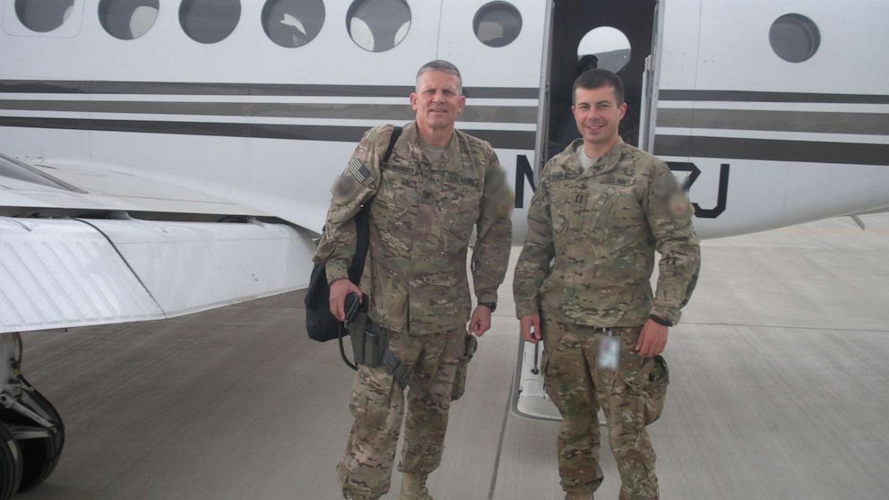 PHOTO: Pete Buttigieg, right, and his commanding officer, Guy Hollingsworth, left, sometimes took aircraft to meetings far from Kabul. 