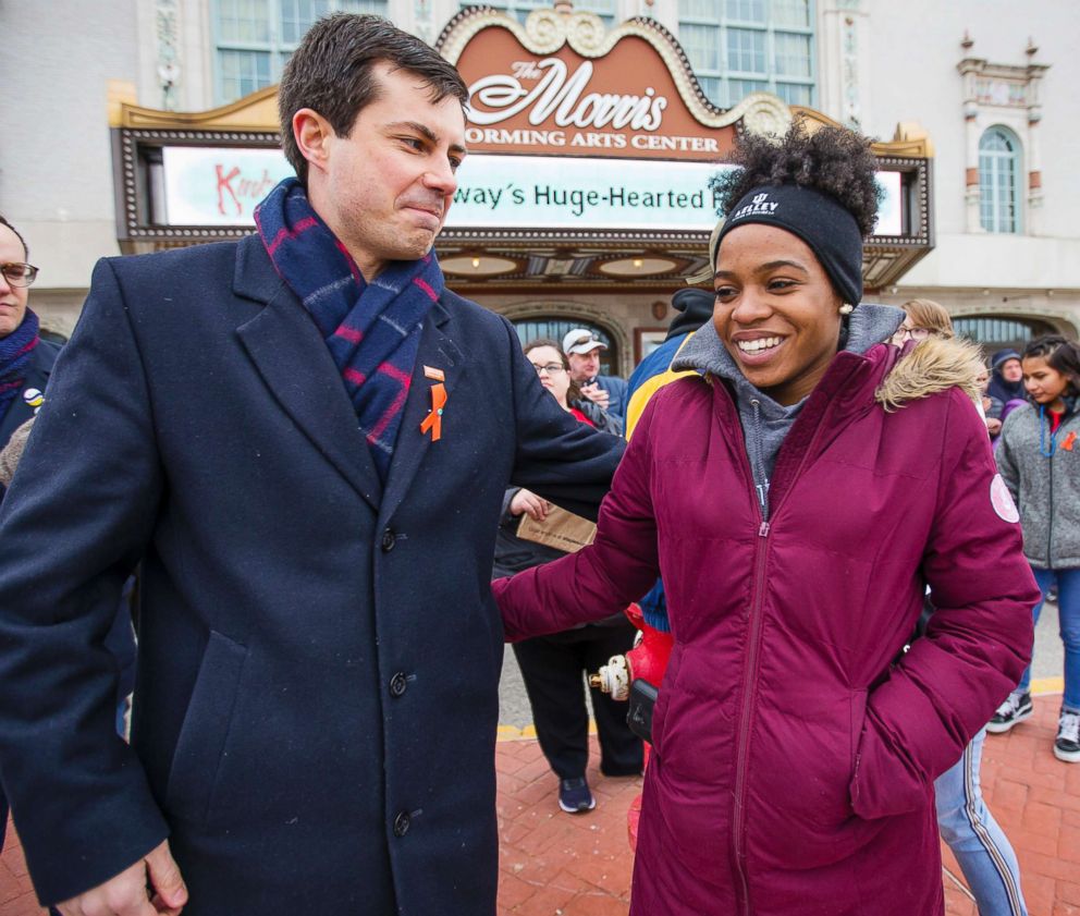 PHOTO: Washington High School student Lauraine Davidson hugs South Bend Mayor Pete Buttigieg after speaking on March 24, 2018, during the March for our Lives event in downtown South Bend, Ind.
