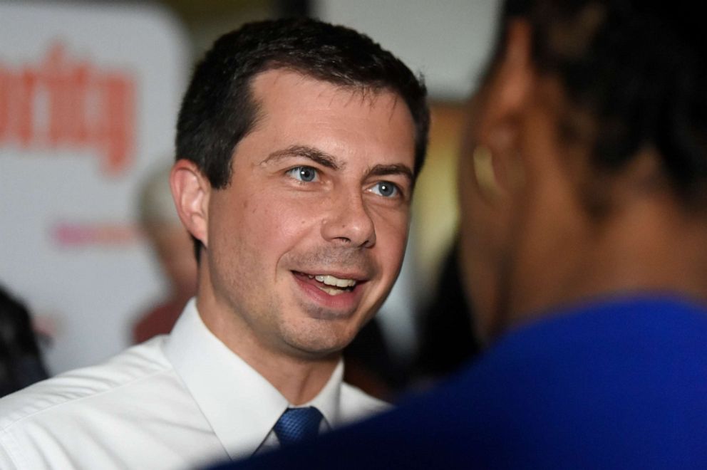 PHOTO: Democratic presidential hopeful and South Bend, Ind., Mayor Pete Buttigieg speaks with a voter following an event with Supermajority, Sept. 17, 2019, in Columbia, S.C.