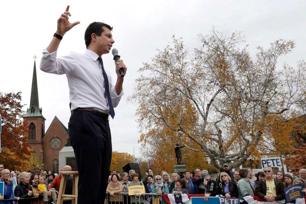 PHOTO: Democratic presidential candidate South Bend, Ind., Mayor Pete Buttigieg speaks outside the Statehouse, Oct. 30, 2019, in Concord, N.H.