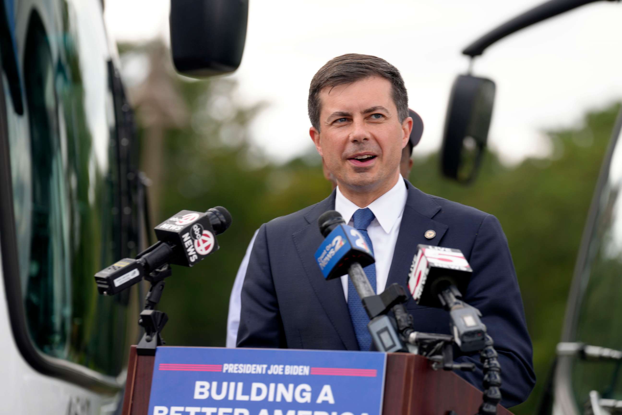 PHOTO: Secretary of Transportation Pete Buttigieg speaks during a news conference on Oct. 12, 2022, in North Charleston, S.C. 