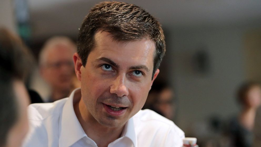 PHOTO: In this July 12, 2019 file photo, Democratic presidential candidate South Bend Mayor Pete Buttigieg campaigns at the Revolution Taproom & Grill, in Rochester, N.H.