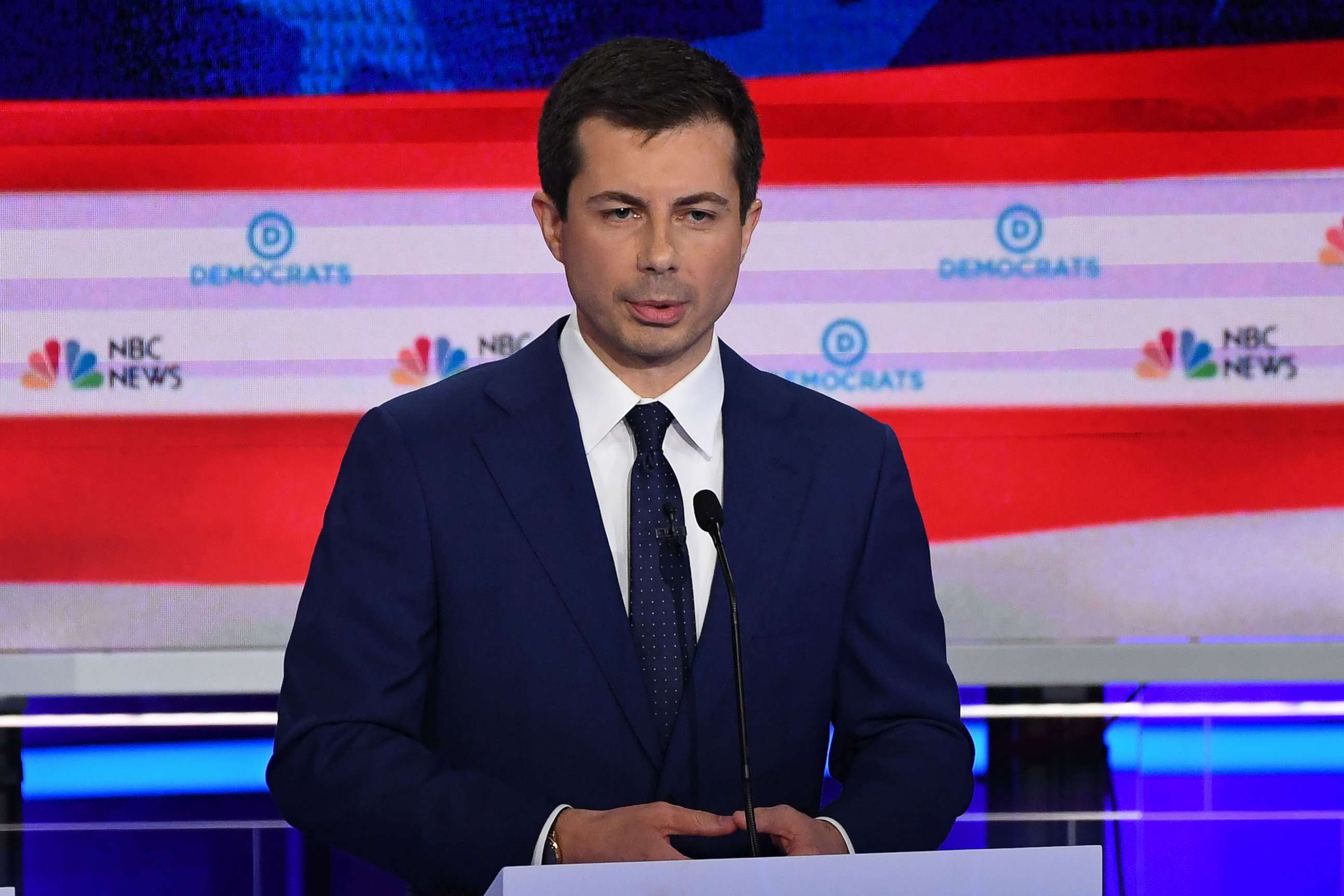PHOTO: Pete Buttigieg participates in the second night of the first 2020 democratic presidential debate at the Adrienne Arsht Center for the Performing Arts in Miami, June 27, 2019.