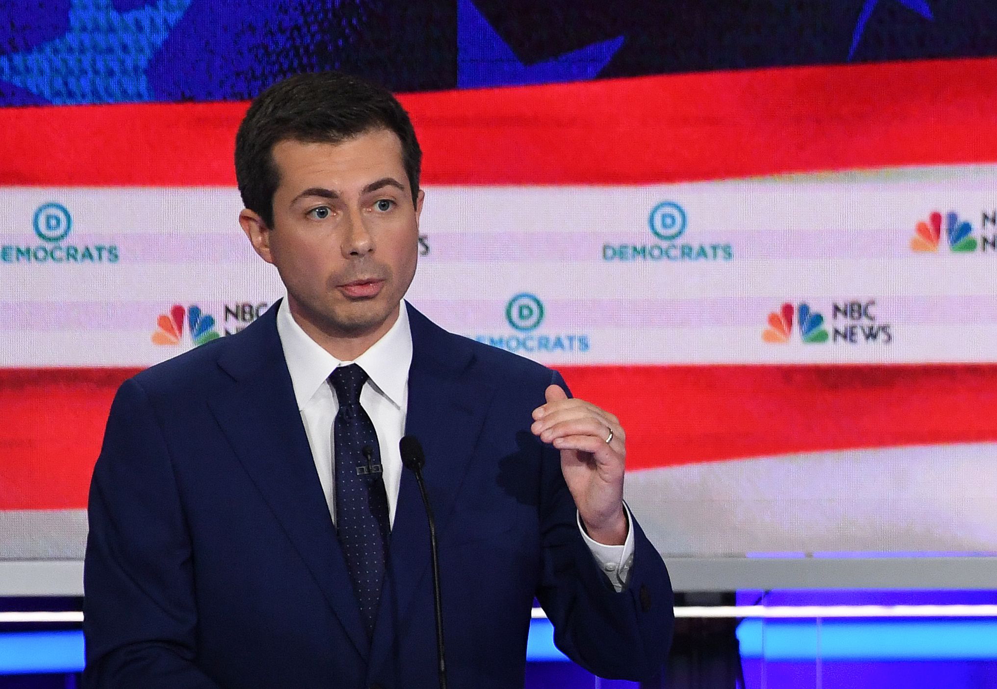 PHOTO: Pete Buttigieg participates in the second night of the first 2020 democratic presidential debate at the Adrienne Arsht Center for the Performing Arts in Miami, June 27, 2019.