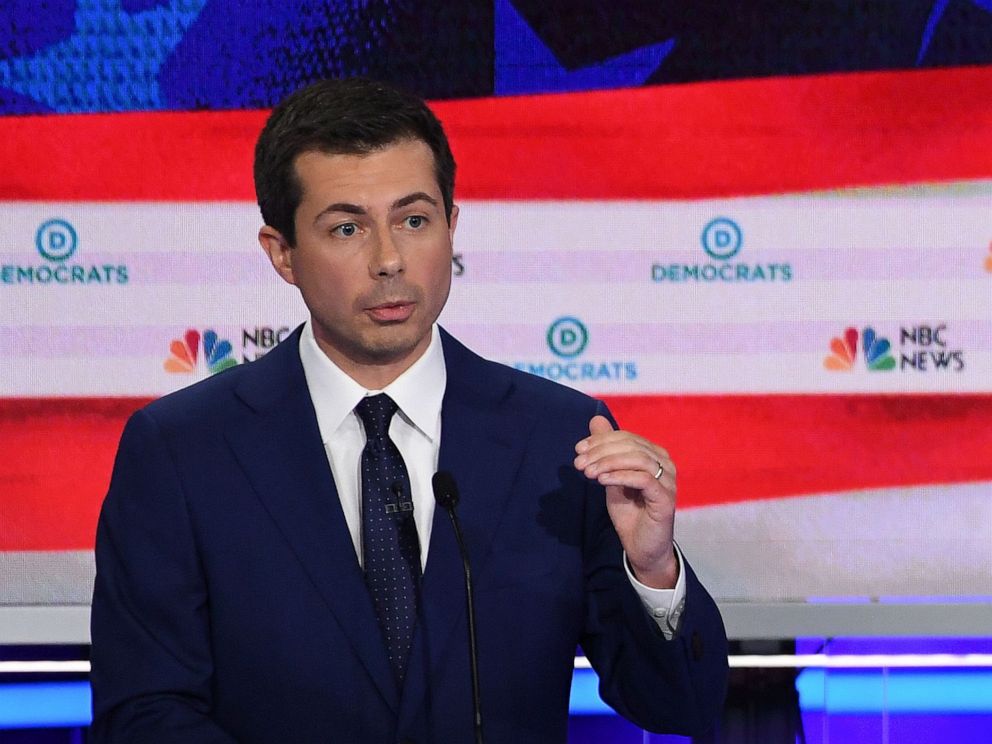 PHOTO: Pete Buttigieg participates in the second night of the first 2020 democratic presidential debate at the Adrienne Arsht Center for the Performing Arts in Miami, June 27, 2019.