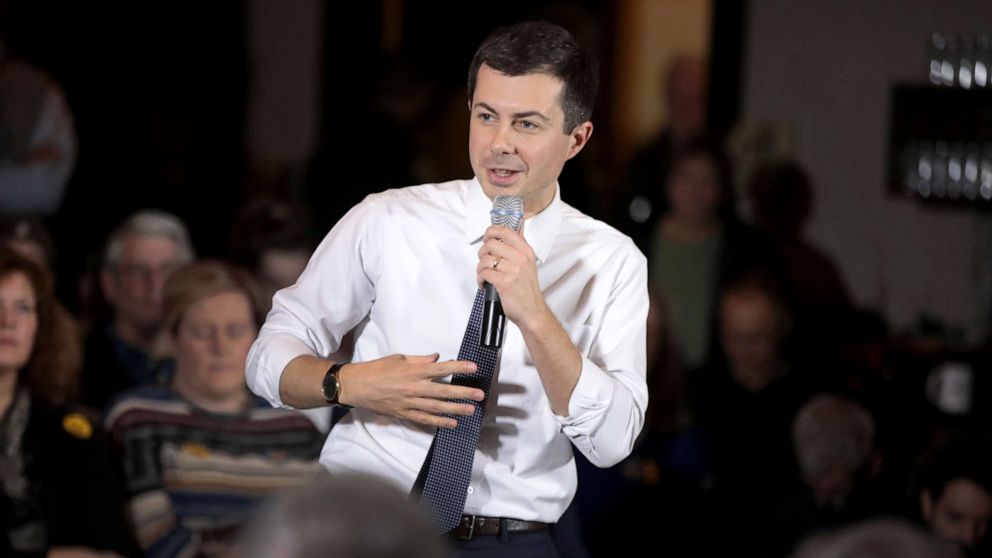 PHOTO: Democratic presidential candidate South Bend, Indiana Mayor Pete Buttigieg speaks to guests during a campaign stop at Cronk's restaurant, Nov. 26, 2019, in Denison, Iowa.