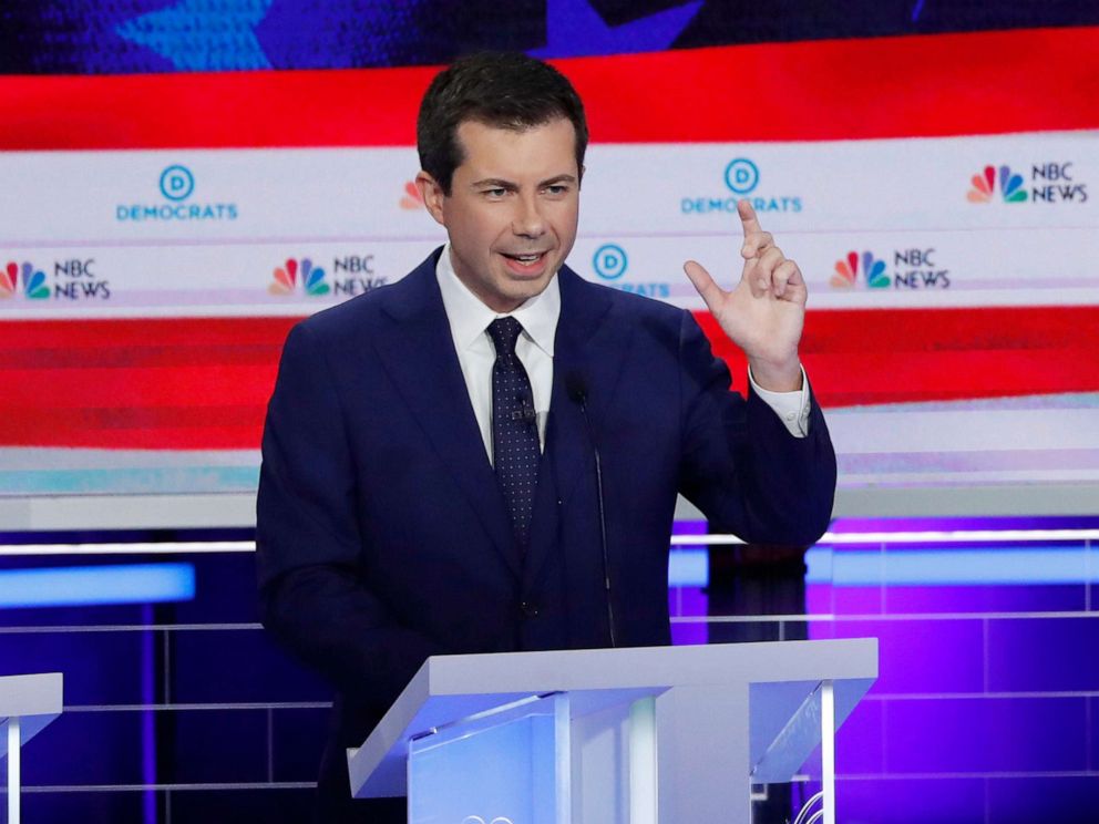 PHOTO: South Bend Mayor Pete Buttigieg speaks during the second night of the first Democratic presidential candidates debate in Miami, June 27, 2019.