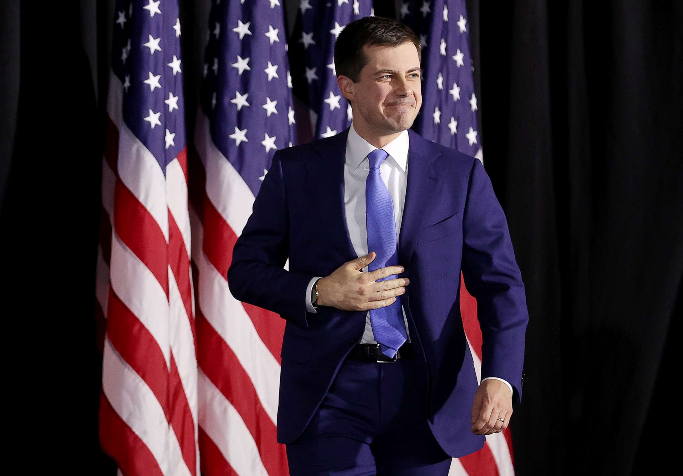 PHOTO: Democratic presidential candidate former South Bend, Indiana Mayor Pete Buttigieg arrives at a watch party at Drake University on Feb. 3, 2020 in Des Moines, Iowa.