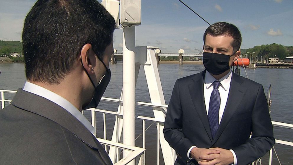 PHOTO: Secretary of Transportation Pete Buttigieg talks to ABC News' Transportation Correspondent Gio Benitez in Pittsburgh, May 6, 2021. 