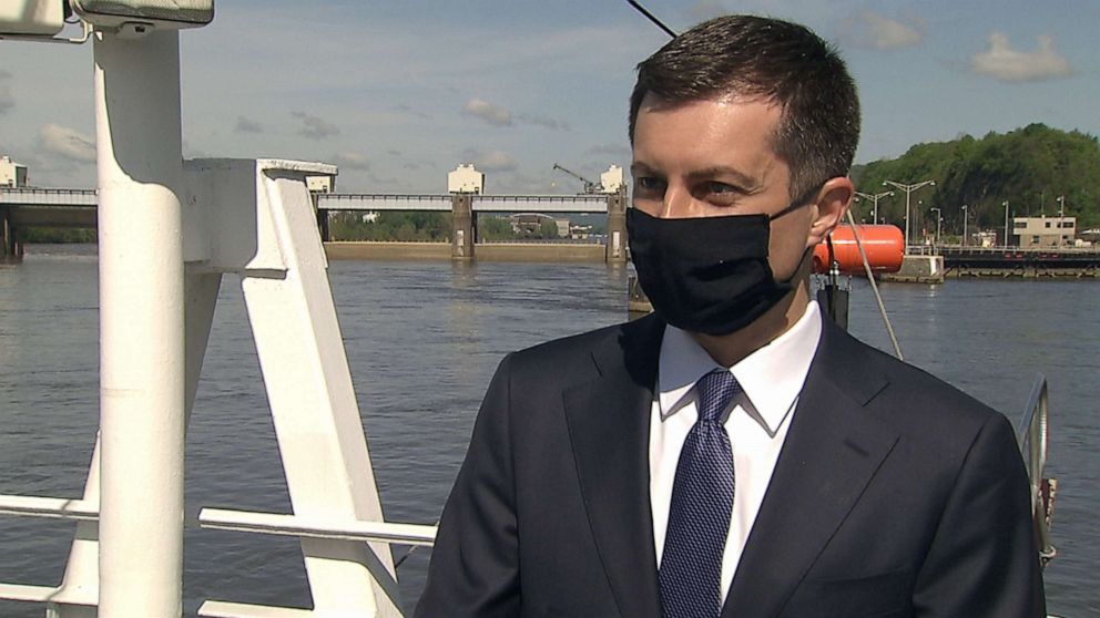 PHOTO: Secretary of Transportation Pete Buttigieg talks to ABC News' Transportation Correspondent Gio Benitez in Pittsburgh, May 6, 2021. 