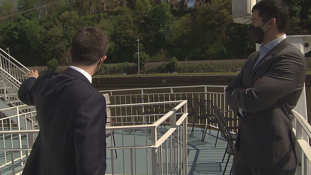 PHOTO: Secretary of Transportation Pete Buttigieg talks to ABC News' Transportation Correspondent Gio Benitez in Pittsburgh, May 6, 2021. 