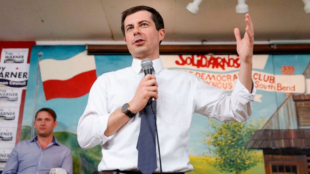 PHOTO: South Bend Mayor and Democratic presidential candidate Pete Buttigieg speaks at the West Side Democratic Club during a Dyngus Day celebration event, April 22, 2019, in South Bend, Indiana.