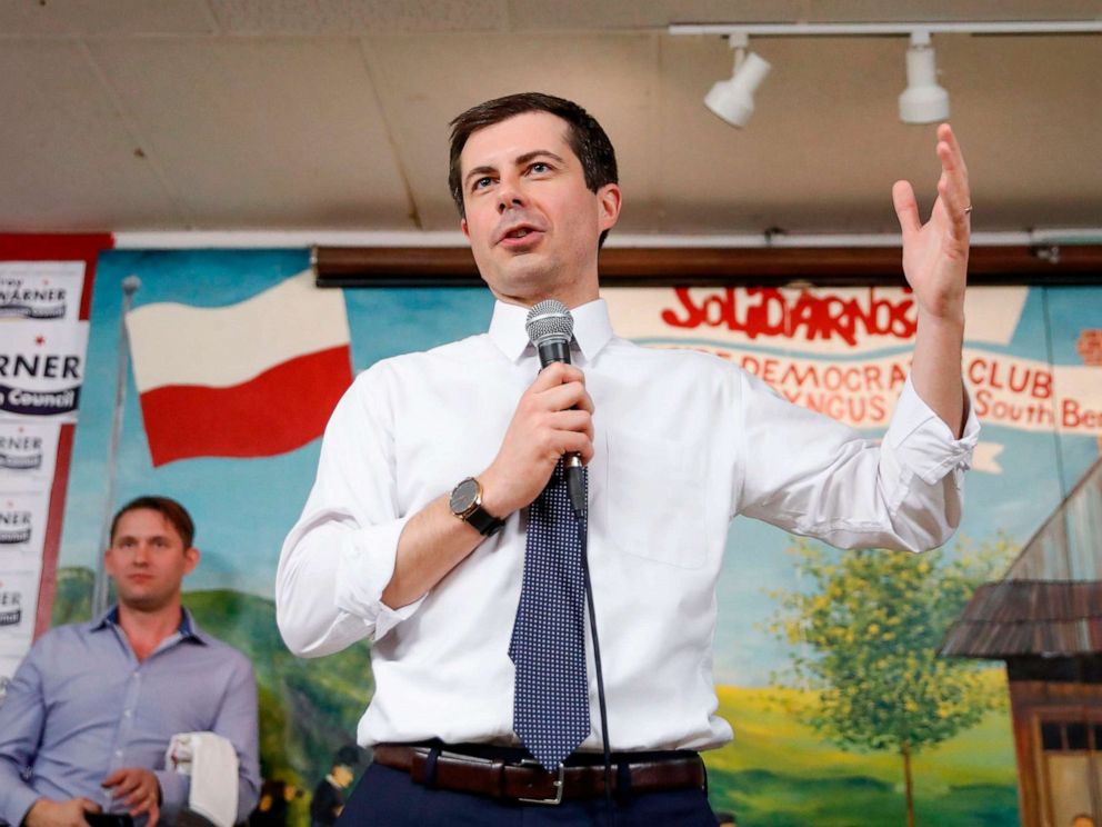 PHOTO: South Bend mayor and Democratic presidential candidate Pete Buttigieg speaks at the West Side Democratic Club during the Dyngus Day celebration on April 22, 2019 in South Bend, Indiana. .