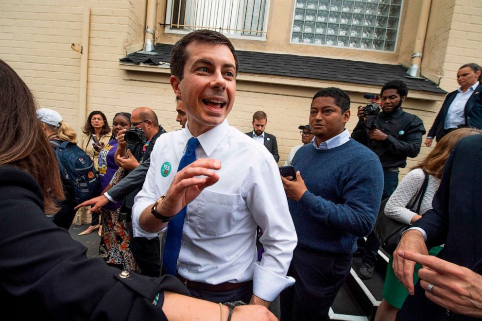 PHOTO: Democratic presidential hopeful Pete Buttigieg meets supporters at a community event in support of a parcel tax to raise money for schools in Los Angeles, May 9, 2019.