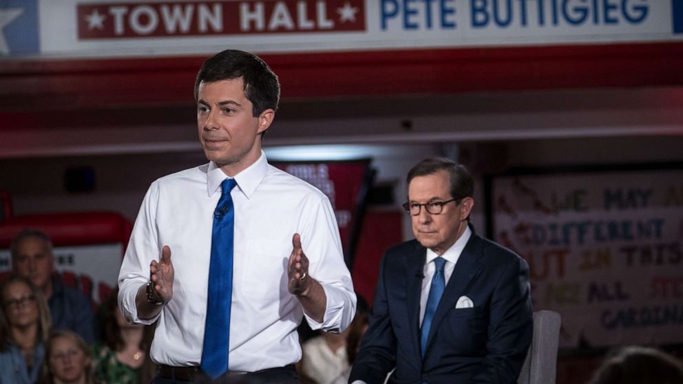 PHOTO: Mayor Pete Buttigieg speaks during a town hall with Fox News Channel, May 18, 2019, in Claremont, New Hampshire.