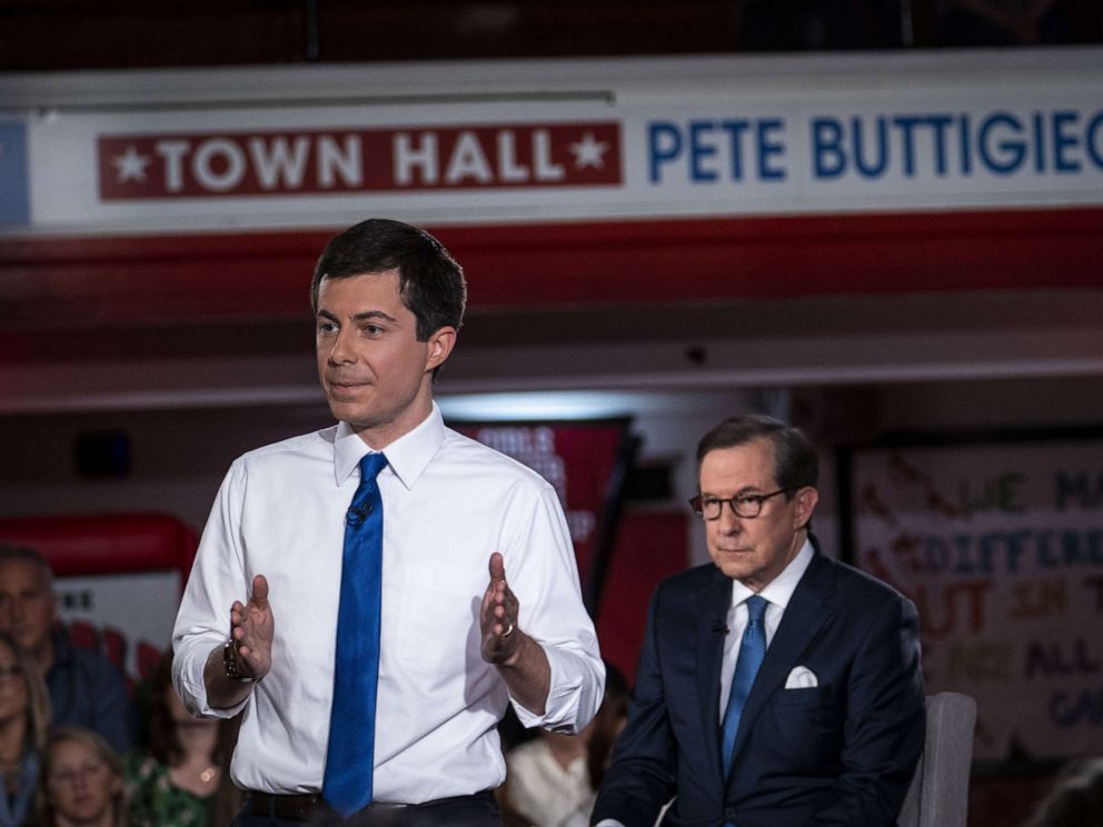 PHOTO: Mayor Pete Buttigieg speaks during a town hall with Fox News Channel, May 18, 2019, in Claremont, New Hampshire.