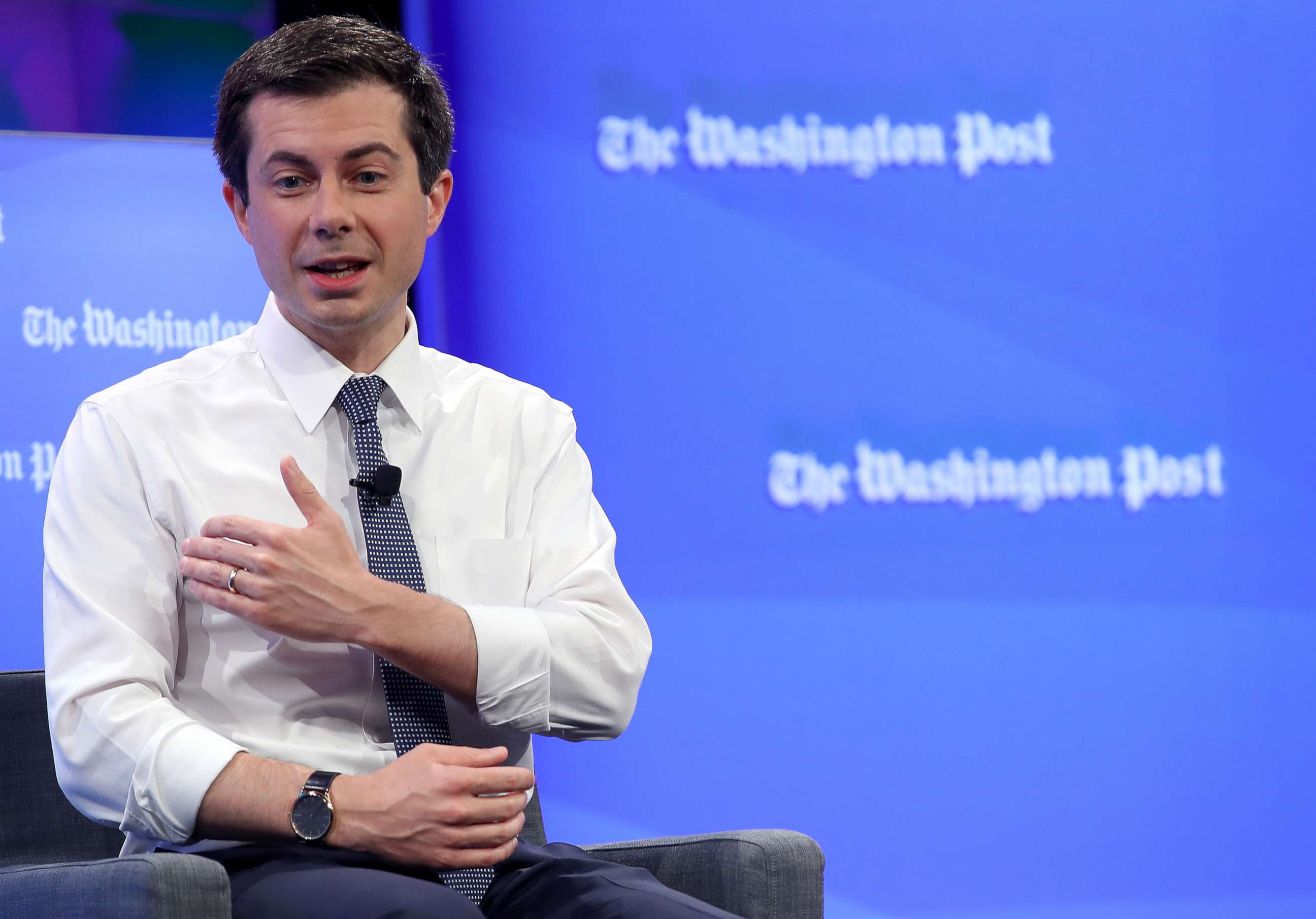 PHOTO: Democratic presidential candidate Mayor Pete Buttigieg answers questions at a Washington Post Live discussion, May 23, 2019, in Washington, DC.