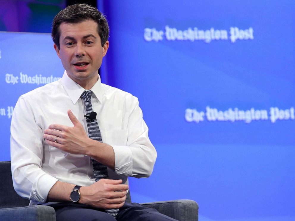 PHOTO: Democratic presidential candidate Mayor Pete Buttigieg answers questions at a Washington Post Live discussion, May 23, 2019, in Washington, DC.