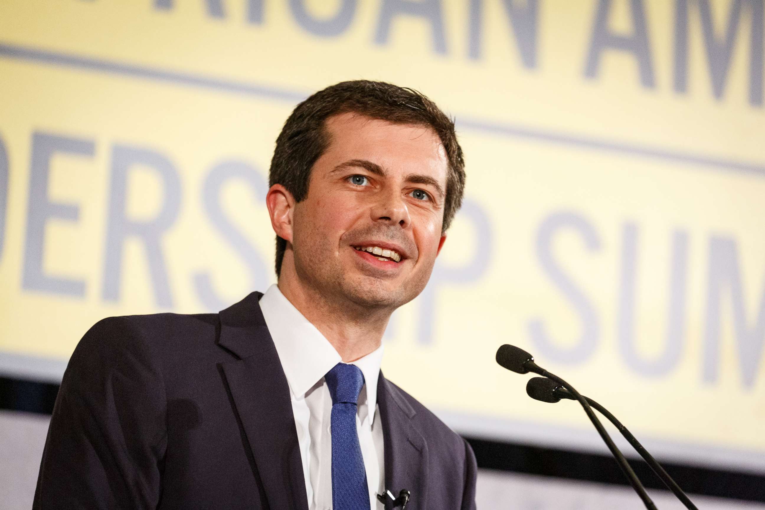 PHOTO: Democratic presidential candidate Mayor Pete Buttigieg speaks to a crowd at the African American Leadership Council, June 6, 2019, in Atlanta.