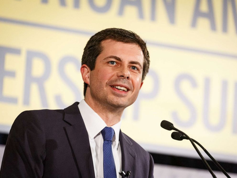 PHOTO: Democratic presidential candidate Mayor Pete Buttigieg speaks to a crowd at the African American Leadership Council, June 6, 2019, in Atlanta.